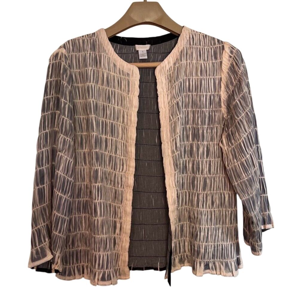 Chicos Womens Open Front Cardigan Jacket Gray Ivory Waist Length Pintucked MED